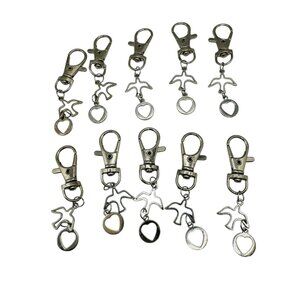Set Of 10 Silver Tone Keychain Clips With Heart & Dove Charms For Accessories